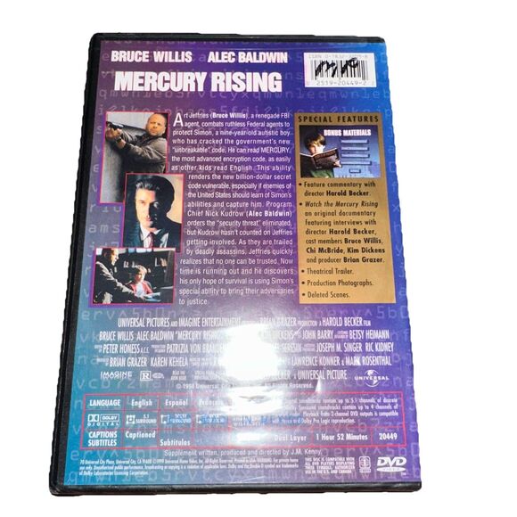Brand New DVD Mercury Rising - Bruce Willis - Alec Baldwin - Picture 2 of 2
